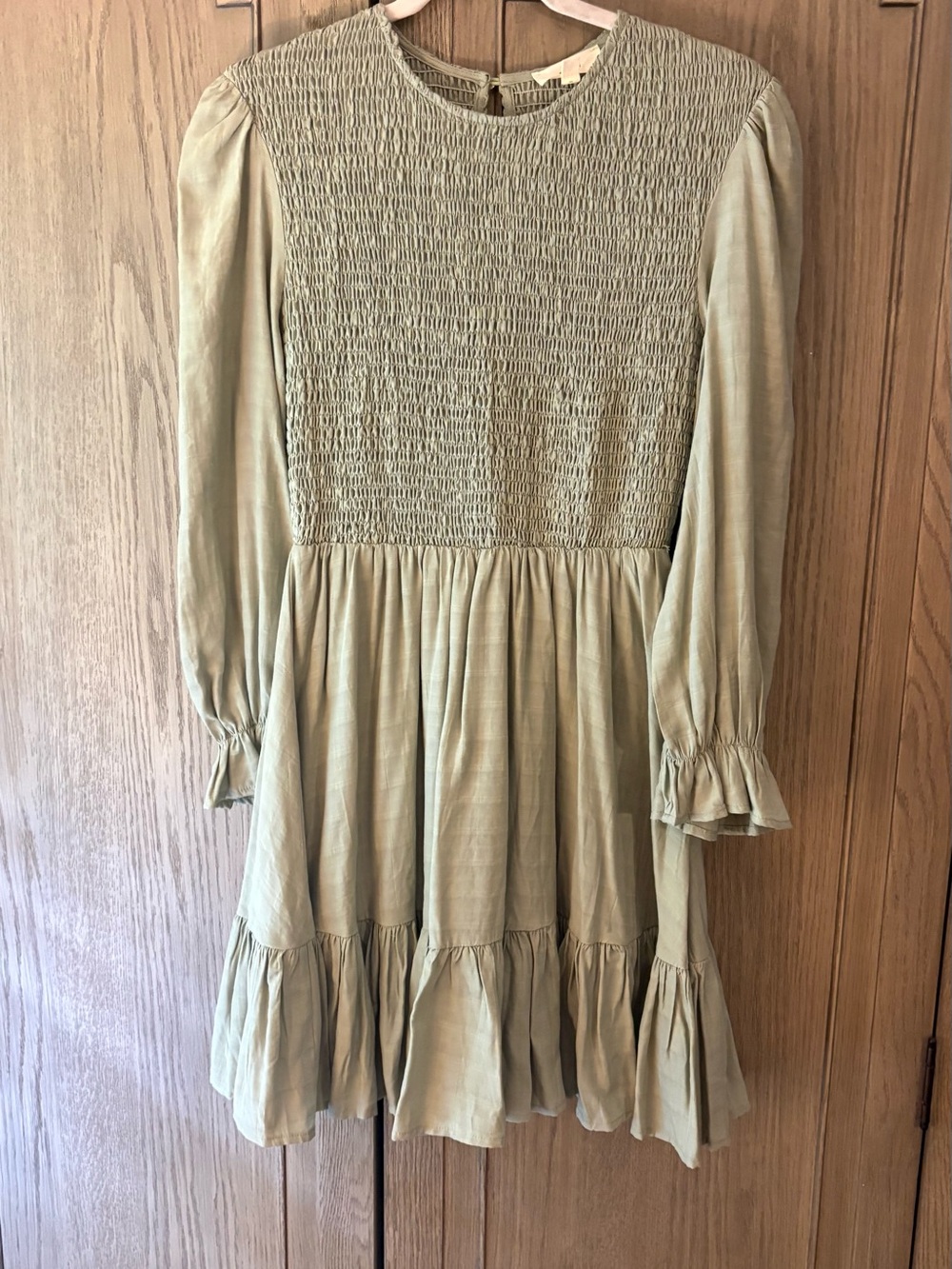 Entro Smocked Bodice Long Sleeve Tiered Mini Dress - Sage Green